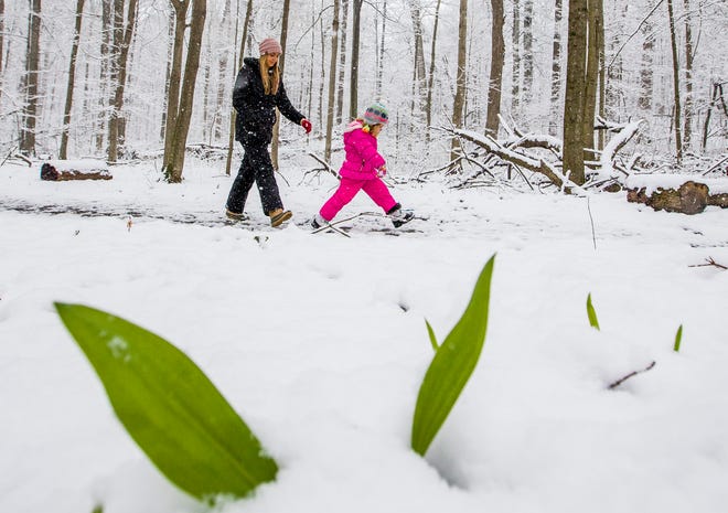 Michele Schuck, of South Bend, walks with her daughter Amelia, 3, during a late-season snowfall at Rum Village Park on Friday, April 17, 2020, in South Bend.