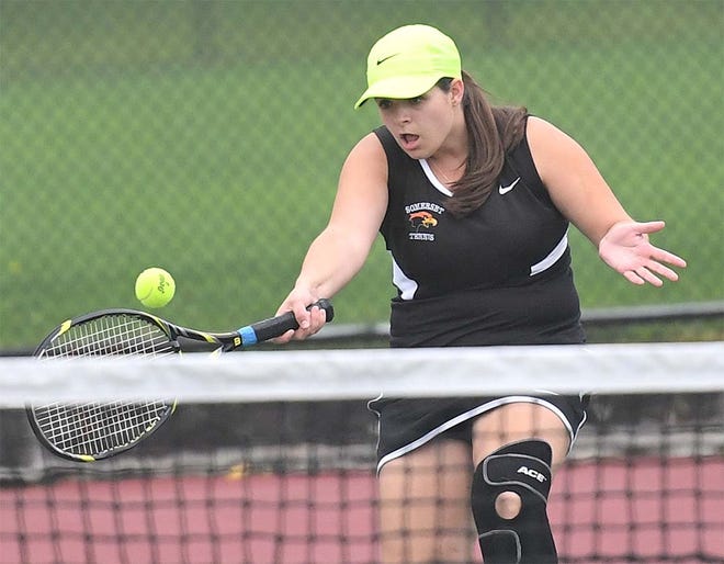 Somerset’s Emily Abramowich returns volley in doubles action against Shanksville in the District 5 team tournament Thursday afternoon in Somerset.