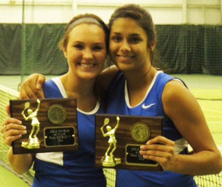 Windber’s Cassie Wentz, left, and Abby Hanley won the 2014 District 5 doubles tennis championship on Monday.