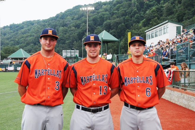 Somerset County players on the Martella’s Pharmacy team competing in the 2015 AAABA National Tournament are, from left, North Star High School graduates Shane Supanick and Brantley “Stone” Rice and Conemaugh Township graduate Dillon Boyer.