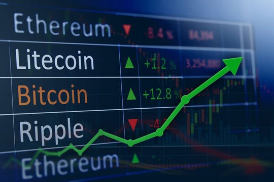 A green charting arrow trends upward. In the background, you see many popular cryptocurrency names.