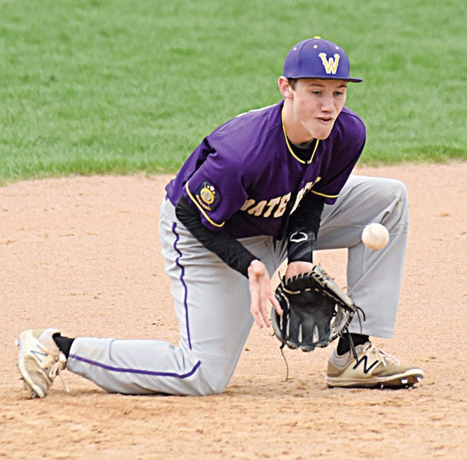 Watertown Arrows third baseman Parker Schmidt fields a grounder during Saturday’s high school baseball doubleheader against Mitchell at Watertown Stadium. The two teams split the twinbill. (Public Opinion photo by Nathan Giese) 