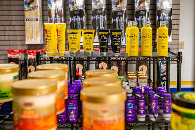 Hair products are on display inside new beauty supply store Beauty Hive Beauty Supply in downtown South Bend.