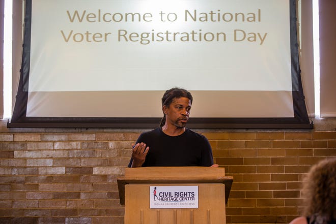 12/16/2020: no caption, story head: Rights leader joins board Dr. Darryl Heller, with IUSB, speaks during the National Voter Registration Day event Tuesday, Sept. 25, 2018 at the Civil Rights Heritage Center in South Bend.