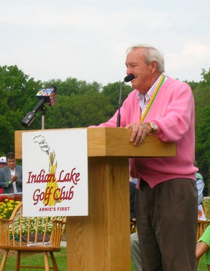 Arnold Palmer speaks at a special ceremony in 2009 honoring him for designing Indian Lake Golf Club, his very first course design.
