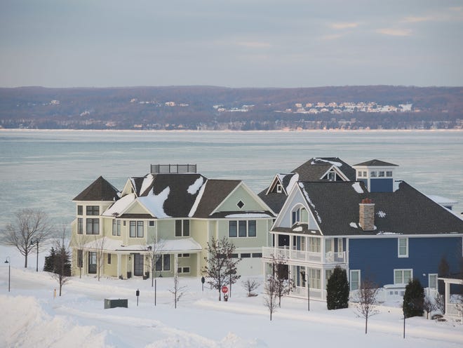 Developing ice cover can be seen on Little Traverse Bay, looking north over Bay Harbor's Village Beach neighborhood.