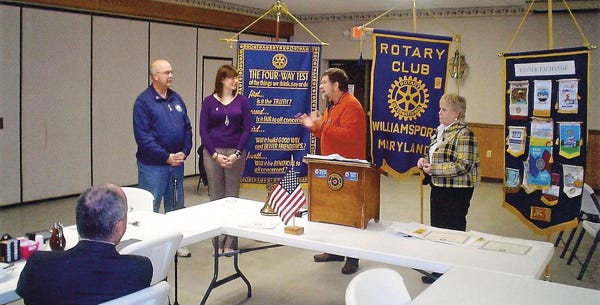 The Town of Williamsport was represented by employees Donnie Stotelmyer and Cyndi Powell, who were welcomed into Williamsport Rotary membership March 19 by member and retired Pastor Greg Martin, along with District Gov. Sharon Benner. Shown, from left, are Stotelmyer, Powell, Martin and Benner. Assistant District Gov. Dave Hanlin also was present for the occasion.