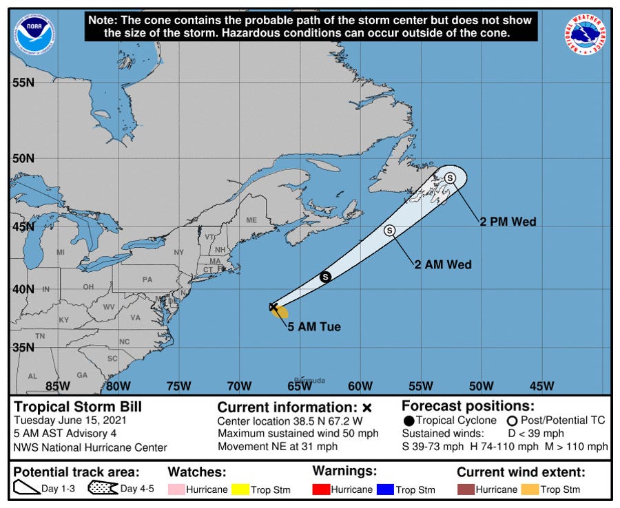 Tropical Storm Bill is off the Atlantic coast, headed away from the United States. (National Hurricane Center)