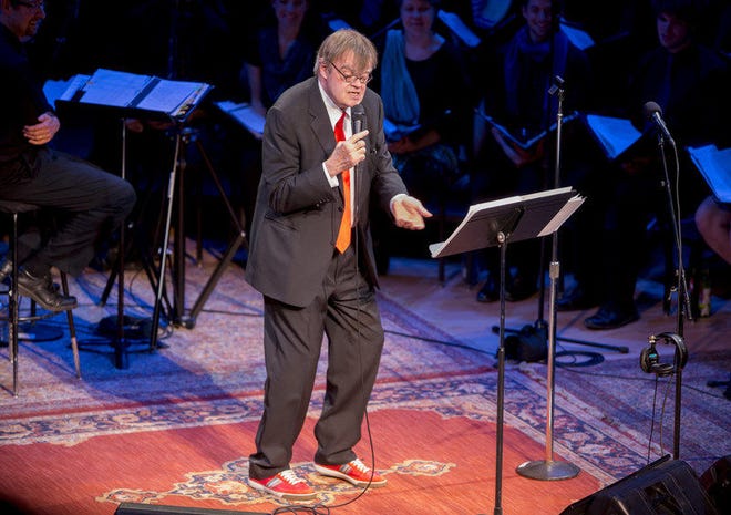 Garrison Keillor speaks to the audience during a live broadcast of "A Prairie Home Companion" at Goshen College Sauder Concert Hall.