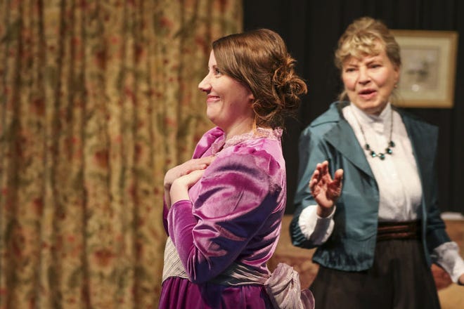 Crystal Ryan, left, and Mary Ann Moran rehearse a scene for Michiana Playmakers' production of "Boston Marriage" that opens Friday at LangLab in South Bend. Tribune Photo/CHAD WEAVER