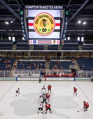 Blackhawks players scrimmage during the first day of the training camp for the Chicago Blackhawks on Friday, Sept. 19, 2014, inside at the Compton Family Ice Arena in South Bend. SBT Photo/ROBERT FRANKLIN