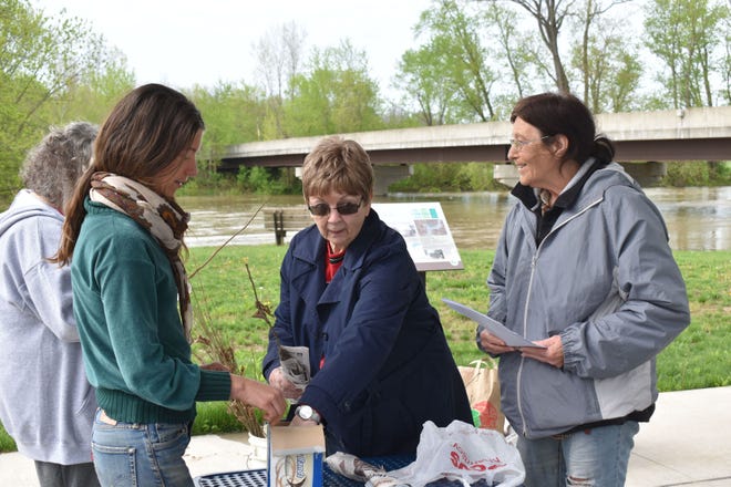 Andrea Oeding and Barb Winders get tree sapplings ready to give away on Arbor Day. (Nicole DeCriscio / Spencer Evening World)