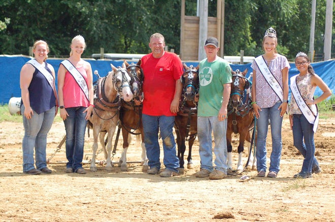 There was a tie for first place in the pony pull competition at the 2019 Owen County Fair. Cory Graft, pictured in red, brought Blaze and Shadow from St. Paul, Indiana and Jimmy Higley, pictured in green, brought his pony team of Bo and Sparky from Dixon, Kentucky. They are pictured with the 2019 Owen County Fair royalty. (Shawna Rush / Spencer Evening World)