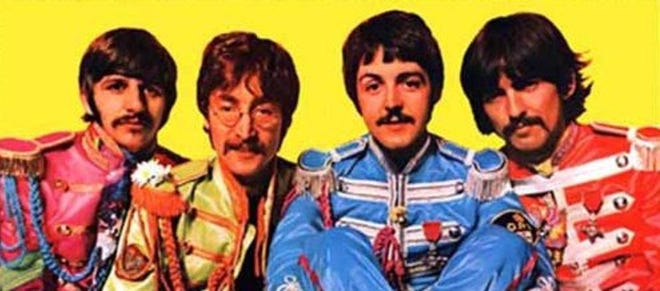 The centerfold of the 1967 Beatles album "Sgt. Pepper's Lonely Hearts Club Band" features the Fab Four in costume as an Edwardian-era military band. From the left, Ringo Starr, John Lennon, Paul McCartney and George Harrison.