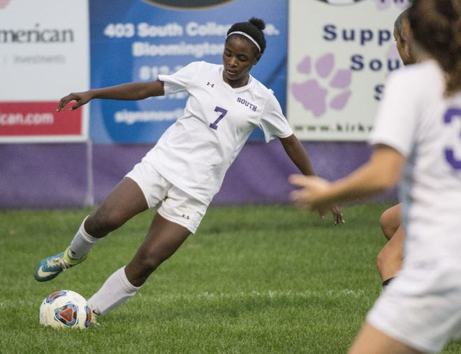 Chris Howell | Herald-Times South's Gaelle Wells (7) dribbles the ball during South's sectional championship match against Terre Haute South on Monday in Bloomington.