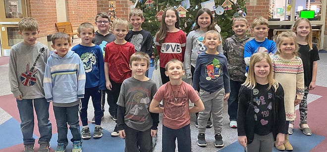 Kindergarten, first and second grade winners for November are, front row: Aiden Simkins, Henry Simkins, Dacoda Lambert, Austin Combs, Tyler Goldman and Camilla Hendricks. Second row: Henry Padgett, Gabe Henry, Tyler Goldman and Kalia Keene. Back row: Brantly Wasson, Ethan Briedenstein, Jordan Crone, Jocie Smith, Conner Wright, Bryson Cummings and Ariyah Snodgrass. (Submitted / Spencer Evening World)