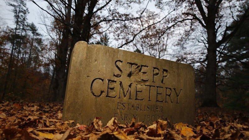 A marker guides the daring to the entrance of Stepp Cemetery in the Morgan-Monroe State Forest.