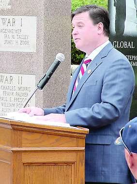 Congressman Todd Rokita speaks at the Mooresville Veterans Memorial on Monday. Photo by Tim Grimes.