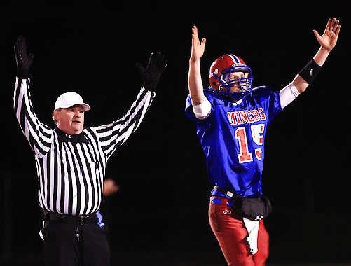 Linton quarterback Austin Karazsia celebrates a touchdown pass during the Miners’ win over Perry Central on Oct. 26. Linton hosts Scecina tonight with a berth in the Class 1A title game on the line. Watch an accompanying video with the HTLive app on your mobile device.Jeremy Hogan | Herald-Times