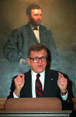 In this March 29, 1994, photo, Charles Colson of Prison Fellowship talks to reporters in New York. Colson, the tough-as-nails special counsel to President Richard Nixon who went to prison for his role in a Watergate-related case and became a Christian evangelical helping inmates, died in 2012 at age 80.