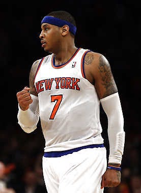 New York’s Carmelo Anthony celebrates in the final moments of Game 1 of the NBA playoffs against the Boston Celtics. The Knicks won, 85-78. Kathy Willens | Associated Press