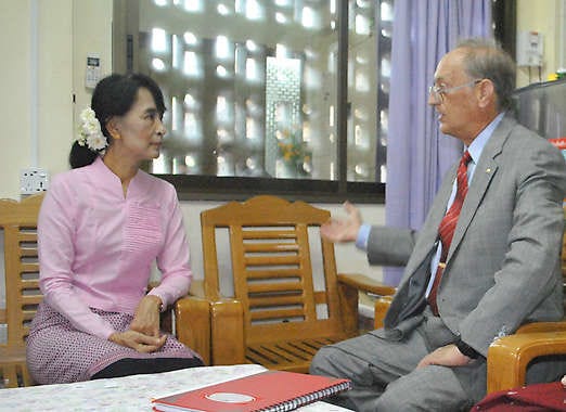 Aung San Suu Kyi (left) meets with Bloomington native J.T. Warring in Yangon on May 28. The two talked about how Rotary International, the organization Warring was representing, might be able to help in the nation of Myanmar.Myo Min Tun | Courtesy photo
