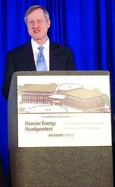 Hoosier Energy President and CEO Steve Smith speaks Tuesday at a groundbreaking for the cooperative’s future headquarters.