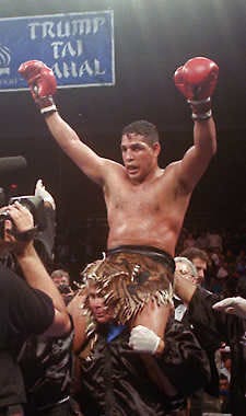 Hector Camacho is lifted into the air after his unanimous decision over Roberto Duran in an IBC middleweight fight in 1997.