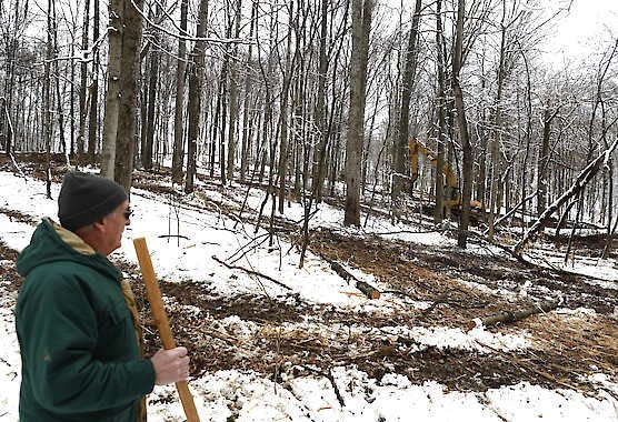 Tom Tokarski, who uses a walking stick, keeps his distance from equipment being used to clear disputed land the state of Indiana plans to use for I-69 in this photo from early March. Tokarski has been documenting the state's activities on the land in western Monroe County that he and his wife have owned for many years. Jeremy Hogan | Herald-Times