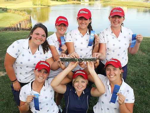 The Martinsville girls\' golf team gathers together after winning the IHSAA regional round at Country Oaks Golf Club in Washington on Saturday. Photo by Melissa Dillon.