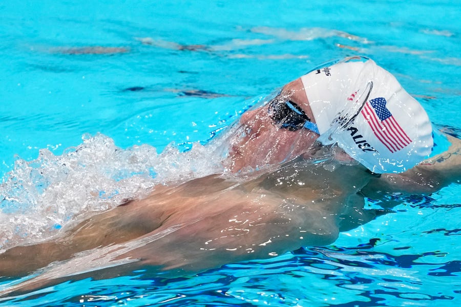 Chase Kalisz of the US swims in the Men's 400m Individual Medley at the 2020 Summer Olympics, Sunday, July 25, 2021, in Tokyo, Japan. (AP Photo/t)