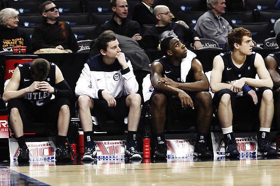 Former Bloomington South standout Erik Fromm, right, and teammates react from the bench near the end of the game against Saint Louis in the semifinals of the Atlantic 10 tournament on Saturday.Mary Altaffer | Associated Press