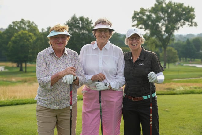 JoAnne Carner, Carol S. Thompson and Ellen Port, representing 22 USGA Championship titles between them, at the 12th tee before playing their tee shots to start their first round at the 2021 U.S. Senior Women’s Open. (Darren Carroll/USGA)