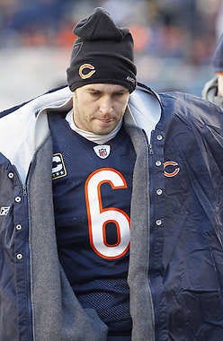 Chicago quarterback Jay Cutler walks off the field just before the end of the first half of Sunday’s NFC Championship game against the Green Bay Packers.Charles Rex Arbogast | Associated Press