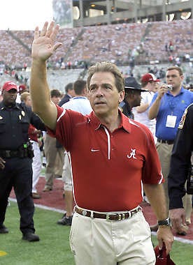 Alabama coach Nick Saban waves to fans after the Crimson Tide beat Michigan State in the Capital One Bowl Saturday.John Raoux | Associated Press