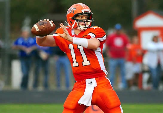 Columbus East quarterback Gunner Kiel looks downfield during a game against Jennings County last season. Kiel committed to play for IU Wednesday. (The Columbus Republic / ANDREW LAKER)