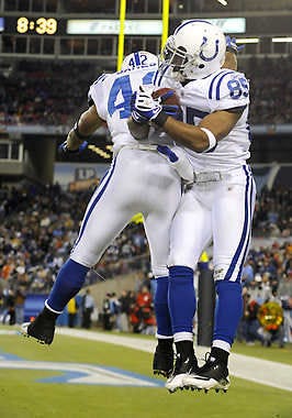 NASHVILLE — Indianapolis Colts wide receiver Pierre Garcon (85) celebrates with running back Javarris James (42) after Garcon caught his second touchdown pass of the night against Tennessee Thursday night. (Associated Press).