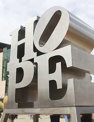 The HOPE sculpture, designed by Hoosier native Robert Indiana, was displayed at the Democratic National Convention in Denver, Colo.Lauren Victoria Burke | Associated Press