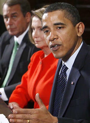President Barack Obama, right, speaks to reporters during a meeting about the economy with congressional leaders Friday in the White House. At left are House Minority Leader John Boehner of Ohio and House Speaker Nancy Pelosi of California. See related story, page D2.Charles Dharapak | Associated Press