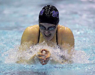 Kathryn Sullivan swims the breaststroke leg on South’s winning 200 medley relay team during Saturday’s Counsilman Classic against North at Royer Pool. The Panthers won both the girls’ and boys’ meets.Monty Howell | Herald-Times