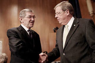 Senate Environment and Public Works Committee member, Sen. Johnny Isakson, R-Ga., right, shakes hands with Tennessee Valley Authority President and Chief Executive Officer Tom Kilgore on Capitol Hill in Washington.Lauren Victoria Burke | Associated Press
