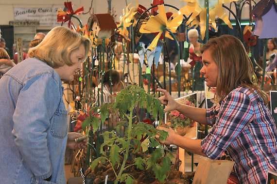 Judy O’Neal, left, from Martinsville’s O’Neal Mulch Delivery buys an Incarvillea from Shelby Sims of Clermont’s Unique Bulbs at the Gardenfest and Pansy Sale Saturday at the National Guard Armory in Martinsville.