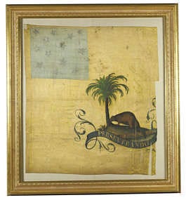 U.S. Revolutionary War Col. Abraham Buford\'s main battle flag is of gold silk and depicts a beaver gnawing on a palmetto tree, the state symbol of South Carolina. Associated Press.