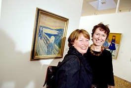 Gro Balas, who chairs the Munch Museum board, left, and colleague Jorunn Christoffersen smile in Oslo, Norway, Aug. 31, after Norway police announced the stolen Edvard Munch masterpieces "The Scream" and "Madonna," have been recovered. The paintings were stolen in a bold, daylight raid from the Munch Museum in Oslo on Aug. 22, 2004. Stian Lysberg Solum | Associated Press