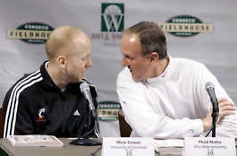Cincinnati coach Mick Cronin (left) jokes with Ohio State coach Thad Matta at a news conference in Indianapolis Friday. The two teams will play today in the Wooden Tradition at Conseco Fieldhouse, after Purdue plays Butler in the opener. Darron Cummings | Associated Press