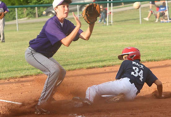 BEDFORD — Bedford’s Mason Mack slides safely into third during the 11 &amp; 12 Championship at Wiley Park Monday evening. (Times-Mail photos / GARET COBB).