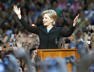 Sen. Hillary Rodham Clinton, D-N.Y., greets supporters at the National Building Museum in Washington, D.C., Saturday as she announces the suspension of her candidacy for president and endorses Sen. Barack Obama, D-Ill., the presumptive Democratic nominee.Ron Edmonds | Associated Press