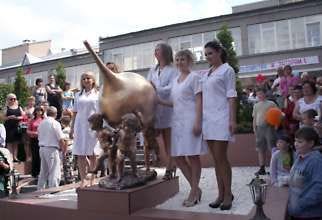 In this Wednesday, June 18, 2008 hand out photo, nurses are seen, posing near a monument to enemas at Mashuk Akva-Term Sanatorium in the town of Zheleznovodsk, Russian Caucasus Mountains region. Alexander Kharchenko, director of the Russian spa says the world\'s first monument to enema treatments has been unveiled at the spa in the southern city of Zheleznovodsk. The bronze syringe bulb, weighs 800 pounds and is held by three angels. Mashuk Akva-Term Sanatorium | Associated Press