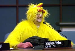 Bloomington City Council member Stephen Volan came to an October forum on urban poultry dressed as a chicken. Chris Howell | Herald-Times