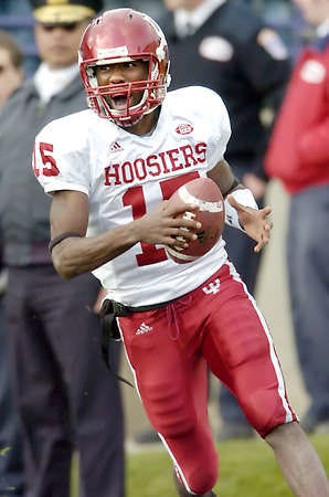 Indiana quarterback Kellen Lewis celebrates a touchdown run at Northwestern on Nov. 10, 2007. The Hoosiers’ fate in 2008 may rest with whether or not Lewis, currently suspended from the team, will be eligible to play.Chris Howell | Herald-Times